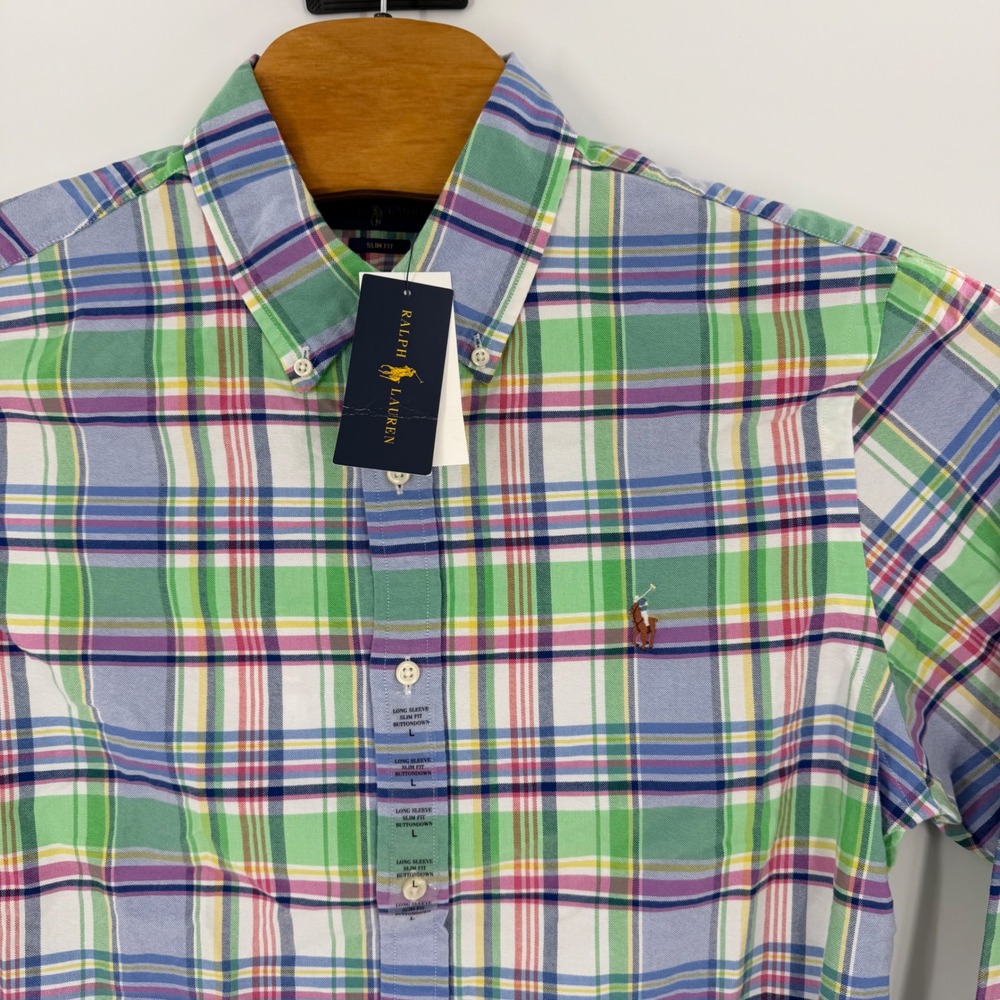 Polo Ralph Lauren Mens Slim Fit Plaid Button Down Shirt Green Blue L NWT - Picture 2 of 9